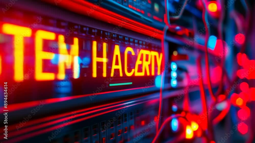 Poster cybersecurity breach alert: red glowing system hacked warning on server data panel illustrating netw