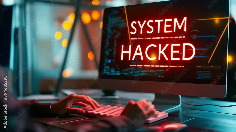 Poster cybersecurity breach warning: system hacked alert on computer screen in dark office environment, sym