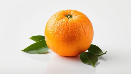 a single orange with leaves on a white surface