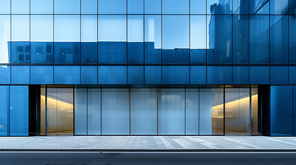 Modern glass facade of an office building with reflections on a clear day.