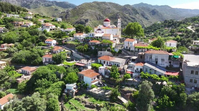 Aerial view of Lakki village in the foothills of the Lefka Ori, Crete, Greek Islands, Greece