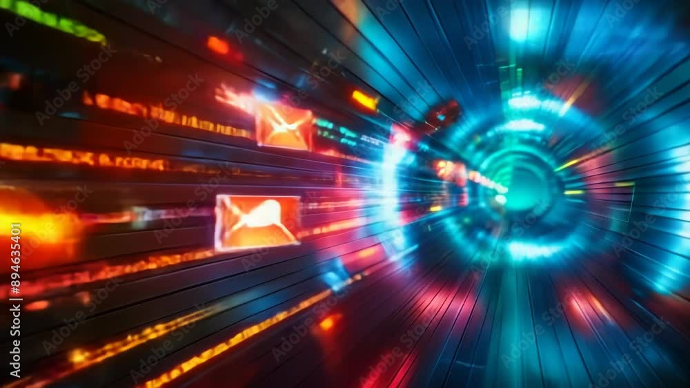 Poster vibrant digital envelopes in cyberspace tunnel representing fast-paced email communication and infor
