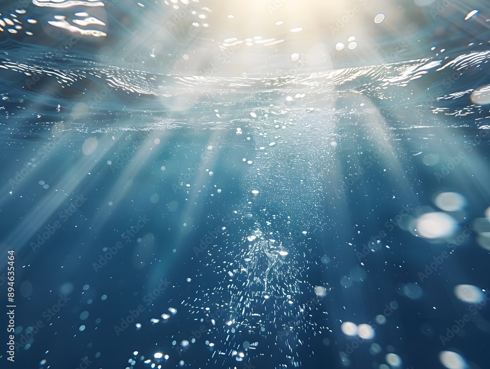 Poster air bubbles rising from the ocean's surface, creating an underwater effect with sunlight filtering t