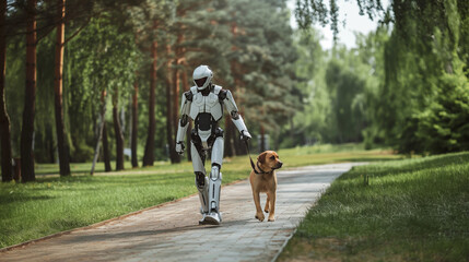Robot walking a dog on a park pathway on a sunny day.