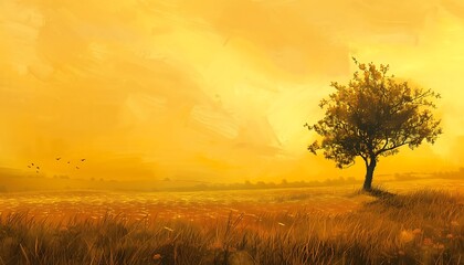 Fototapeta premium A fiery sunset paints the rural landscape in hues of orange and red, casting long shadows across the field and a lone tree