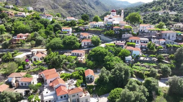 Aerial view of Lakki village in the foothills of the Lefka Ori, Crete, Greek Islands, Greece