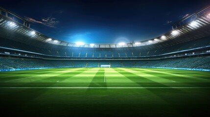 a beautiful sports football stadium with a green grass field that shines with blue spotlights at night with stars. Sports tournaments, world championships, soccer stadium fields.