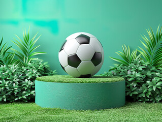 podium in the center of a stadium, surrounded by rows of empty seats and light flashes. The podium is simple and perfect to show your product, the playground of grass inside the soccer football