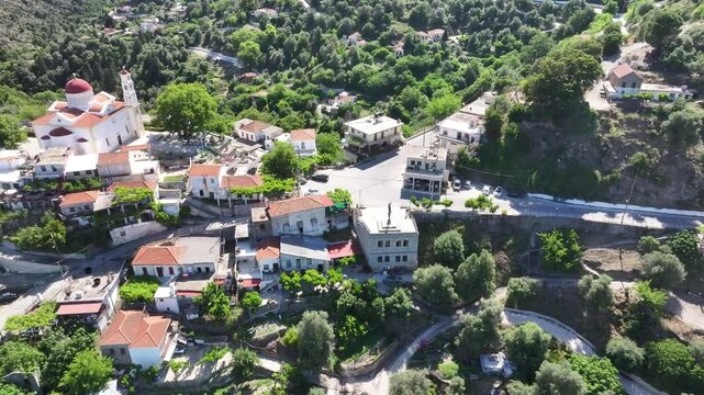Aerial view of Lakki village in the foothills of the Lefka Ori, Crete, Greek Islands, Greece