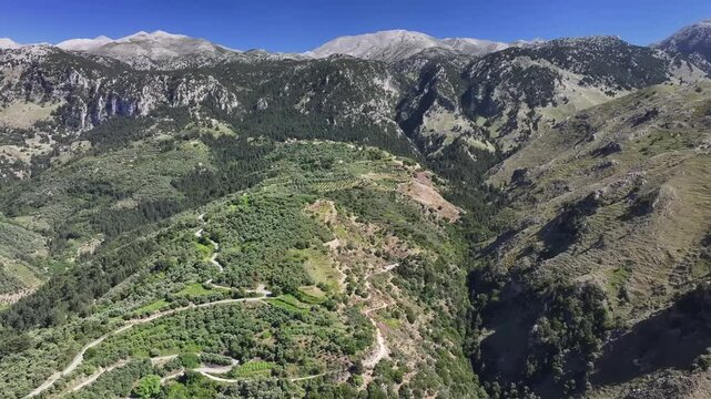 Aerial view of Lakki village in the foothills of the Lefka Ori, Crete, Greek Islands, Greece