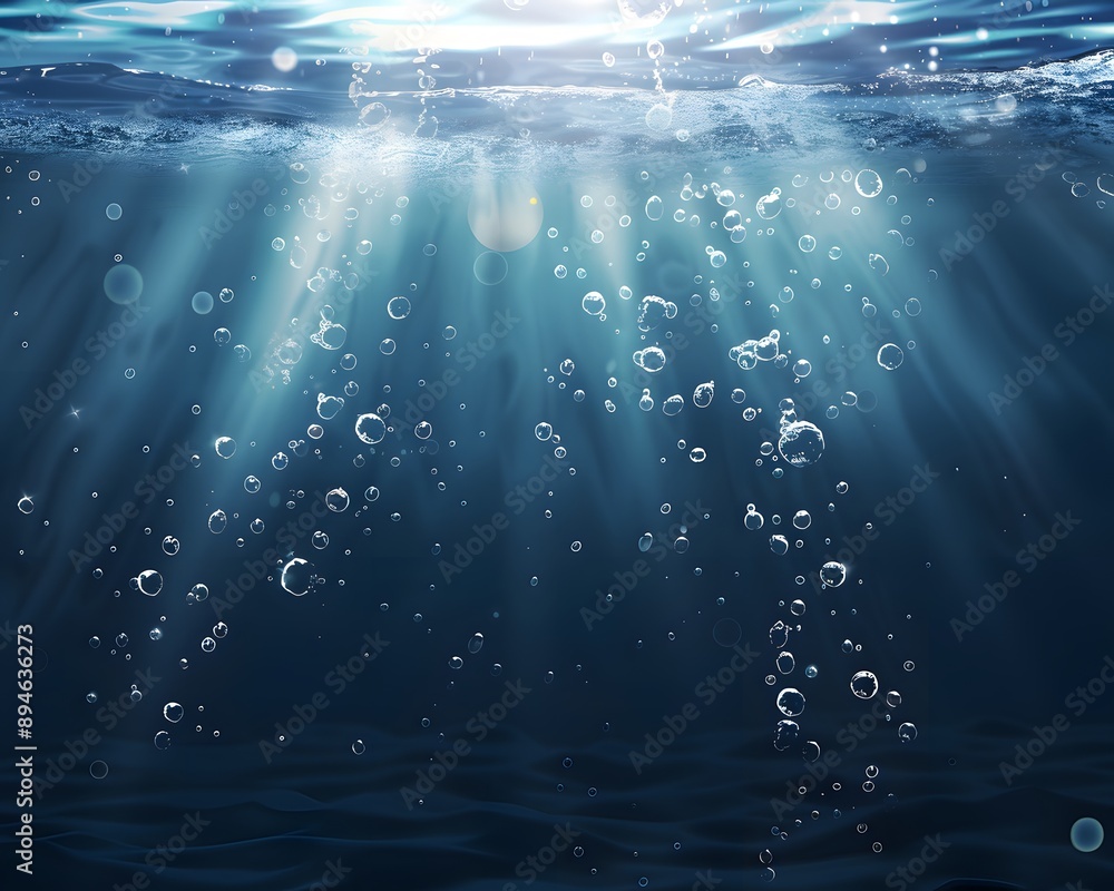 Poster air bubbles rising from the ocean's surface, creating an underwater effect with sunlight filtering t