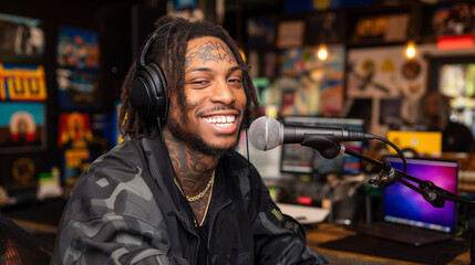 Obraz premium Smiling tattooed man with headphones and microphone in a studio.