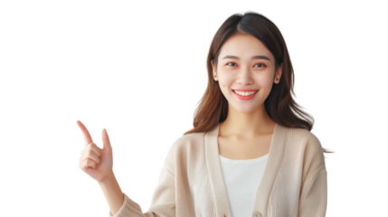 Woman smiling and pointing at copy space on side of her face,isolated on white background.