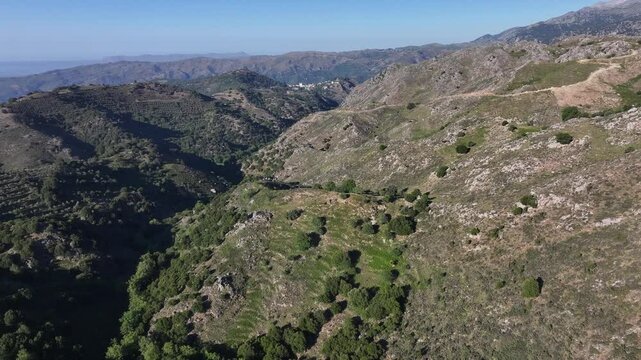 Aerial view of Lakki village in the foothills of the Lefka Ori, Crete, Greek Islands, Greece