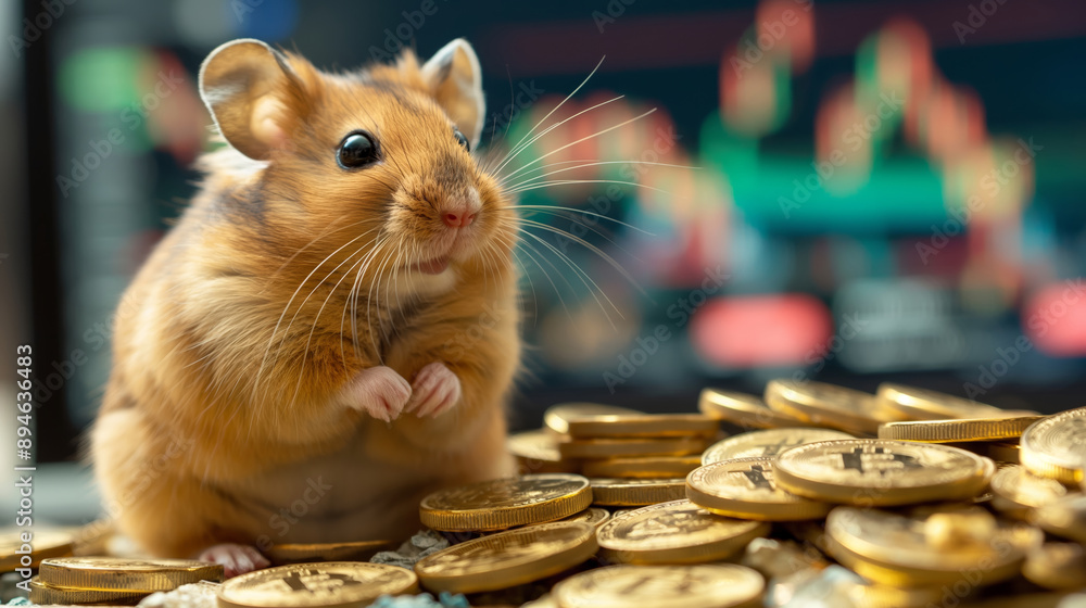 Poster hamster with cryptocurrency coins in front of a trading chart background.
