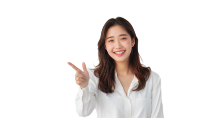 Woman smiling and pointing at copy space on side of her face,isolated on white background.
