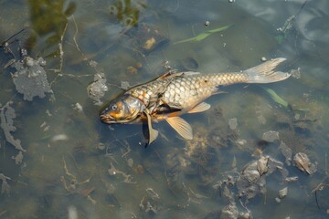 dead fish float at river due to water pollution
