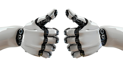 Two robotic hands are shaking hands