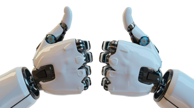 Two robotic hands are giving each other thumbs up