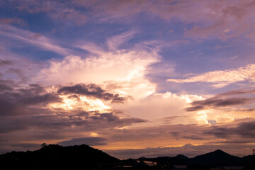 Violet purple sky in morning scenery Vibrant colorful blue sky summer time on sunrise. Natural beautiful landscape. Beauty purple sky romantic dramatic landscape cloudy outdoor paradise in sunset