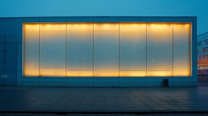 Blank illuminated billboard facade on urban street at dusk.