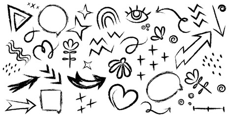 Charcoal pencil or crayons scribble doodles and decorative design elements black and white vector. Collection of hand drawn colorful charcoal doodle shapes .Hand drawn scribble abstract shapes