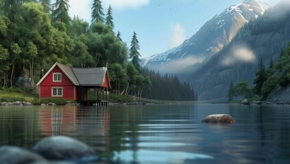 Fototapeta premium Red Cabin by Mountain Lake