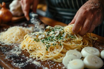 A chef garnishing freshly cooked pasta with parmigiano cheese and herbs on a wooden board, surrounded by fresh ingredients, indicating culinary skill and appreciation for Italian cuisine.