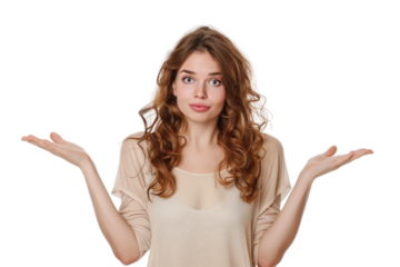 Woman shrugs,confused about something,PNG,transparent background,clipart.