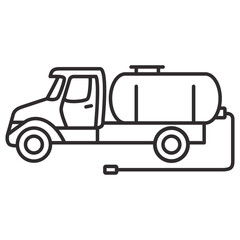 Vacuum truck line icon.Waste disposal machine.Fuel tanker truck.Septic truck for sewage sludge transportation.Outline vector illustration.Isolated on a blue background.