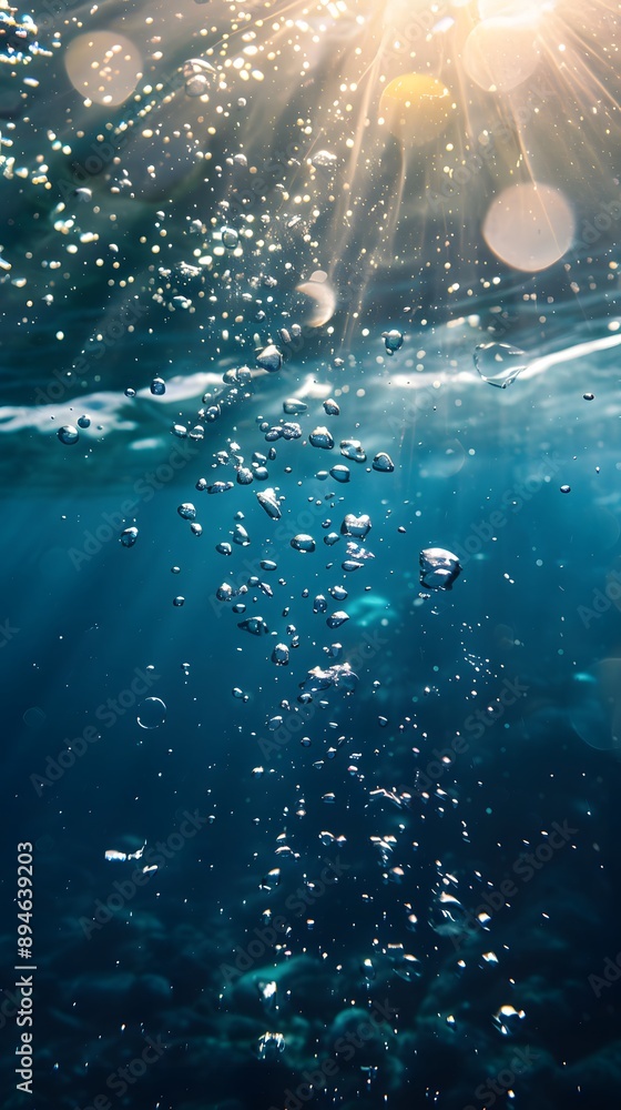 Poster air bubbles rising from the ocean's surface, creating an underwater effect with sunlight filtering t