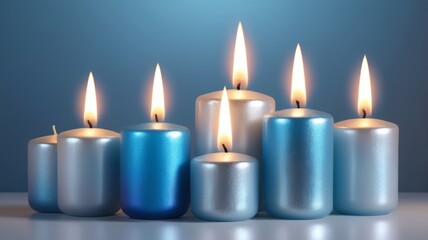 Blue and silver candles arranged on a blue background.