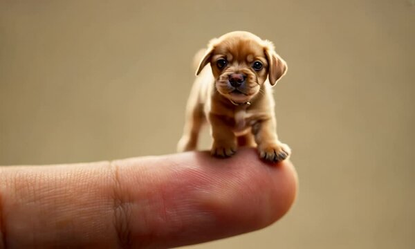 A miniature baby labrador walking on a fingertip. Cute puppy. A sweet tiny puppy.