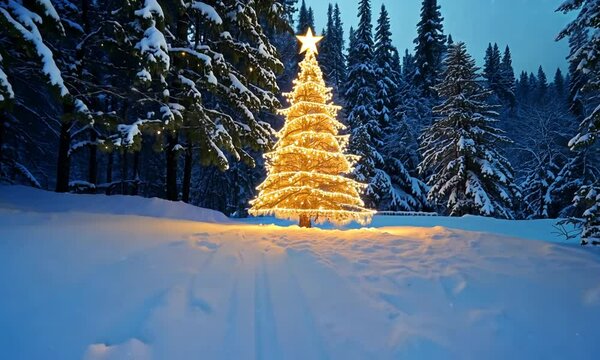 Fantastic winter landscape with christmas tree. Christmas background with christmas tree, snow and star. Beautiful christmas night.	