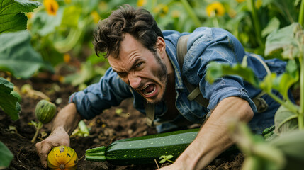 A man struggling to pull a zucchini from the ground with all of his might but failing to