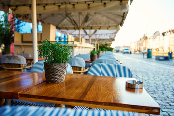 Street cafe in morning. Empty outdoor patio with chairs and potted plants on table. Terrace with tables waiting for visitors in European city