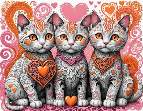 Two cats with hearts on a pink background, one with a heart on its chest, in a pop art painting.