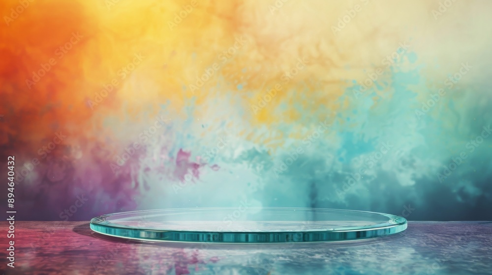 Poster a glass platform sits in front of a colorful, abstract background.