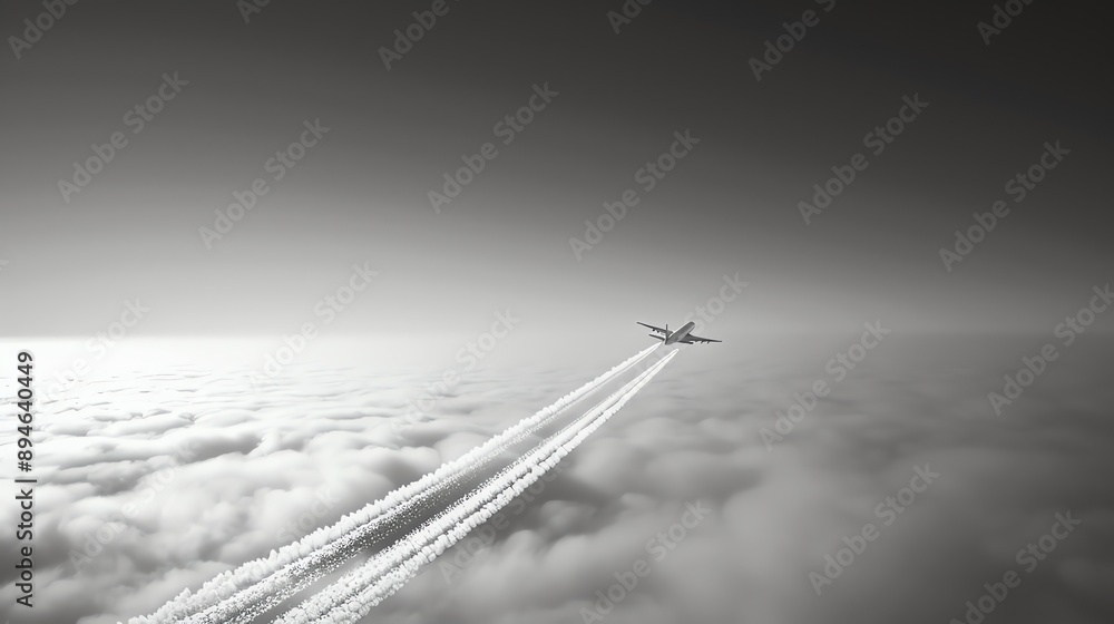 Poster an airplane leaves contrails behind it as it flies high above the clouds.