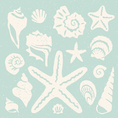 Cut out seashells square block print. Seashells cutouts on pastel blue background coastal holiday collage element set.