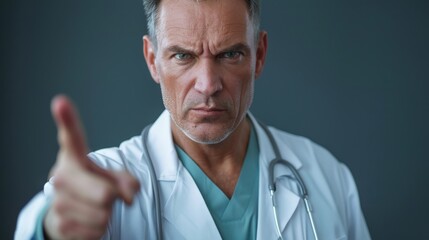 portrait of a 50 year old doctor pointing with his finger as a warning