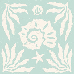 Seashells and seaweed cutouts block print. Seashell and algae on pastel blue background sea holiday collage element set.