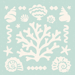 Coral and seashells square block print. Seashells cutouts on pastel blue background coastal holiday collage element set.