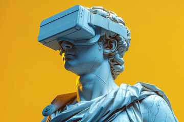 Statue head of David wearing in virtual reality 3d glasses VR, 3d illustration
