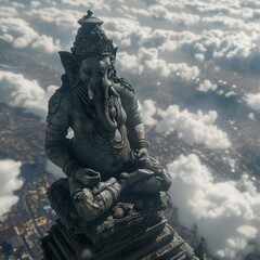 Obraz premium Majestic Ganesha Statue Hovering Above Clouds Overlooking Cityscape
