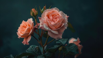 Delicate garden roses in craft paper against dark backdrop