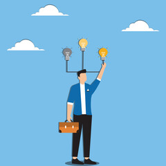 Brain power, idea or creativity to help success, intelligence knowledge or wisdom, innovation or imagination for thinking to develop idea concept, smart human brain fly with lightbulb idea balloons