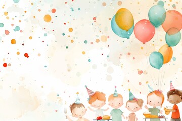 Whimsical Birthday Party Scene with Diverse Cartoon Children Celebrating.