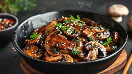 Delicious Japanese stir fried mushrooms with sweet sour sauce and herbs