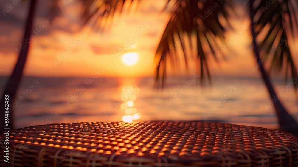 Poster a woven wicker tabletop sits in the foreground, with a blurred out view of a beach at sunset behind.